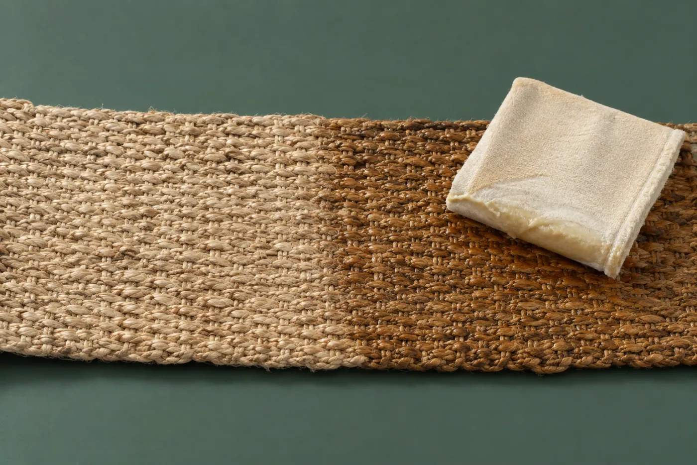 A pale neutral wax being worked into a woven natural fibre surface with a cloth pad, the treated half visibly deeper in tone.
